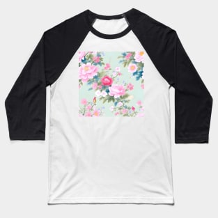 Soft watercolor flowers and birds on mint green Baseball T-Shirt